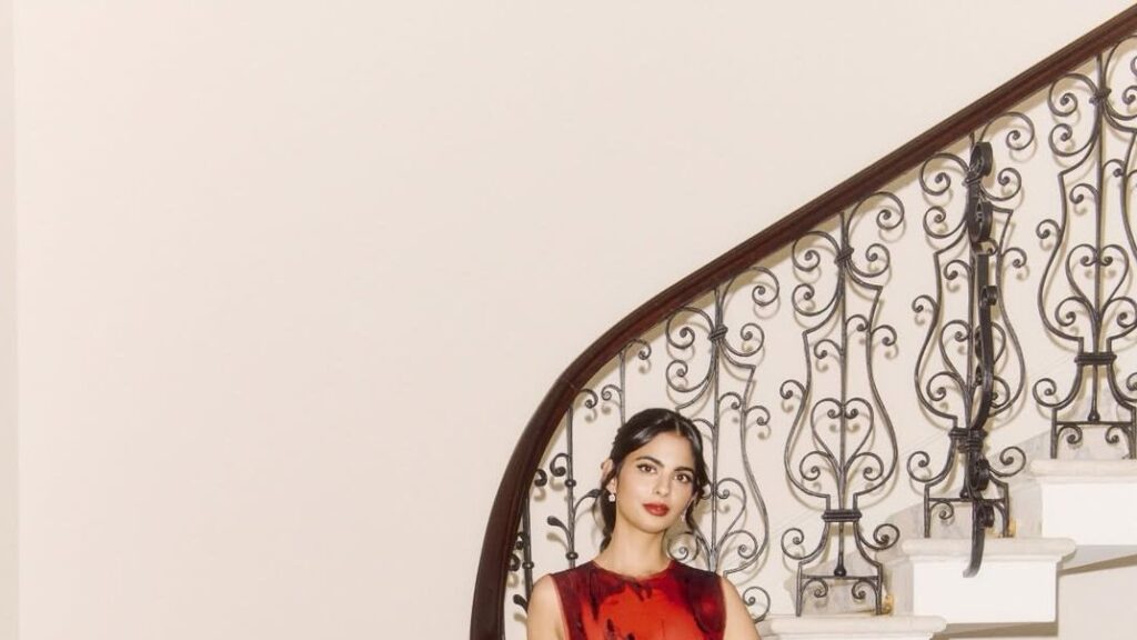 Isha Ambani paired her appliqué midi gown with earrings from her mom’s assortment