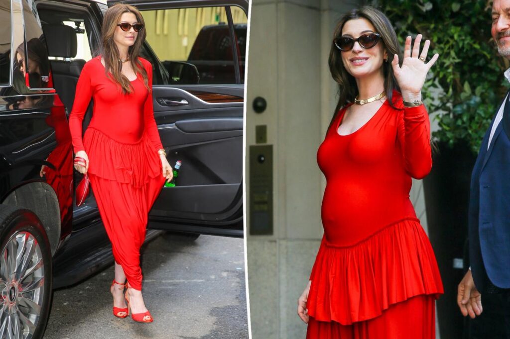 Pregnant Anne Hathaway paints the city purple in peplum harem jumpsuit as ‘Odyssey’ press tour kicks off