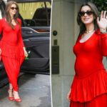 Pregnant Anne Hathaway paints the city purple in peplum harem jumpsuit as ‘Odyssey’ press tour kicks off